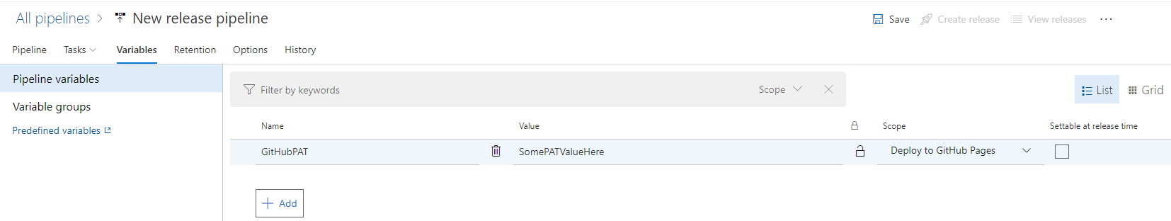 Add the GitHub PAT to Variables
